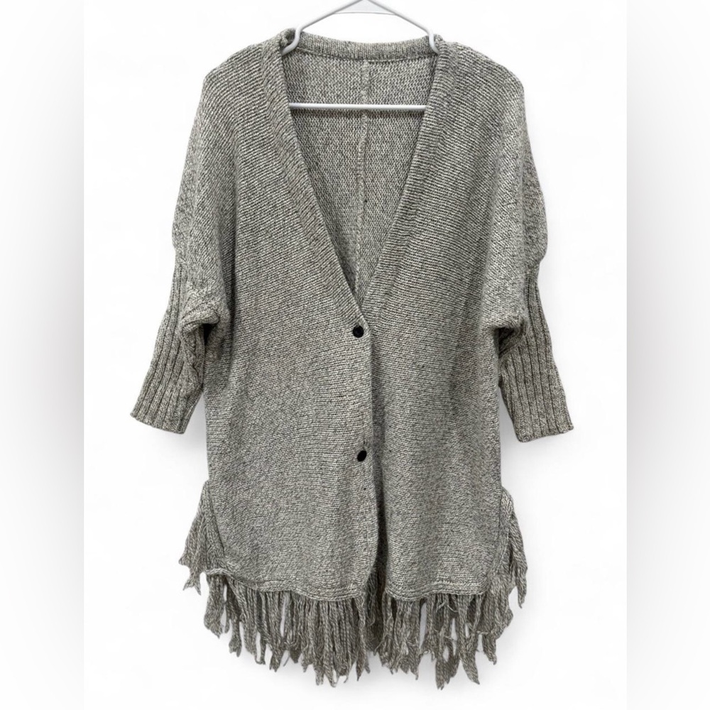 Women Gray Long Open Cardigan One Size Fringe Button Chunky Knit Boho 3/4 Sleeve